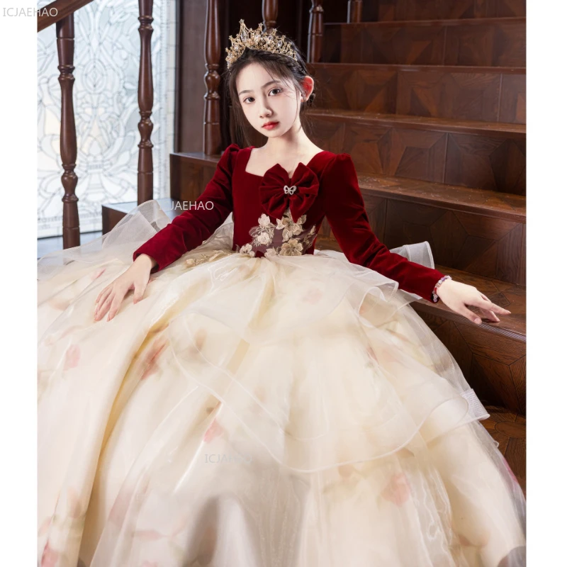 

New Kids Red Princess Ball Gown Children Long SleeveShow Host Elegant Formal Wear Pageant Dress for Piano Performance Fashion