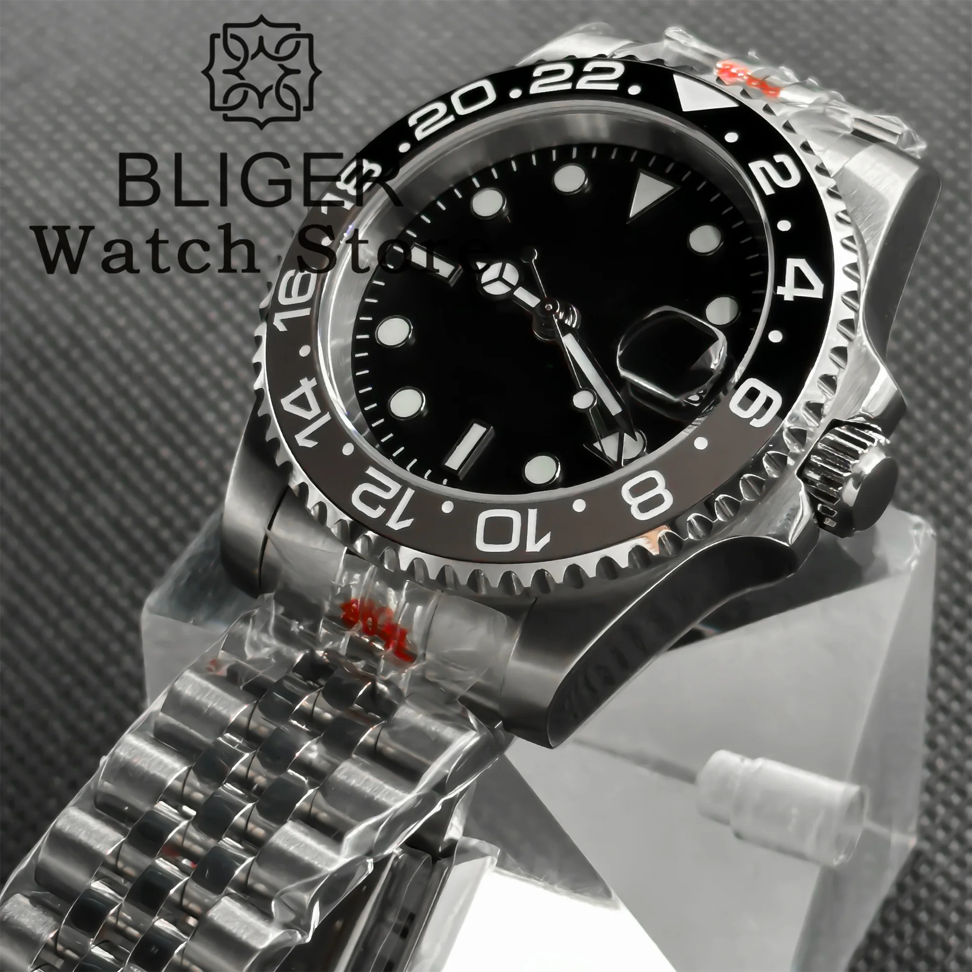 BLIGER 40mm Ronda 515 Quartz Men's Watch Ceramic Luminous Bezel Sapphire Glass Black Dial Red Green GMT Hand Waterproof Watch