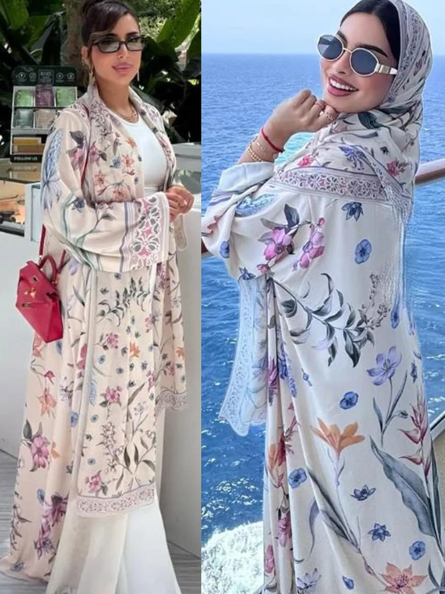 

Muslim Women Dubai Abaya Luxury Floral Print Kimono Cardigan Hijab Long Dress Kaftan Ramadan Robe Femme Islam Clothing Kebaya