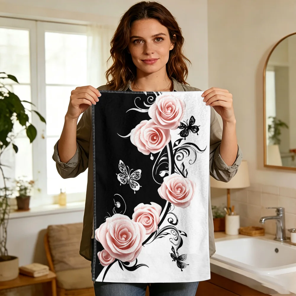 1pc/2pcs Elegant Pink Rose and Butterfly Kitchen Towel-Super absorbent, reusable polyester dish cloths, perfect for home decor,