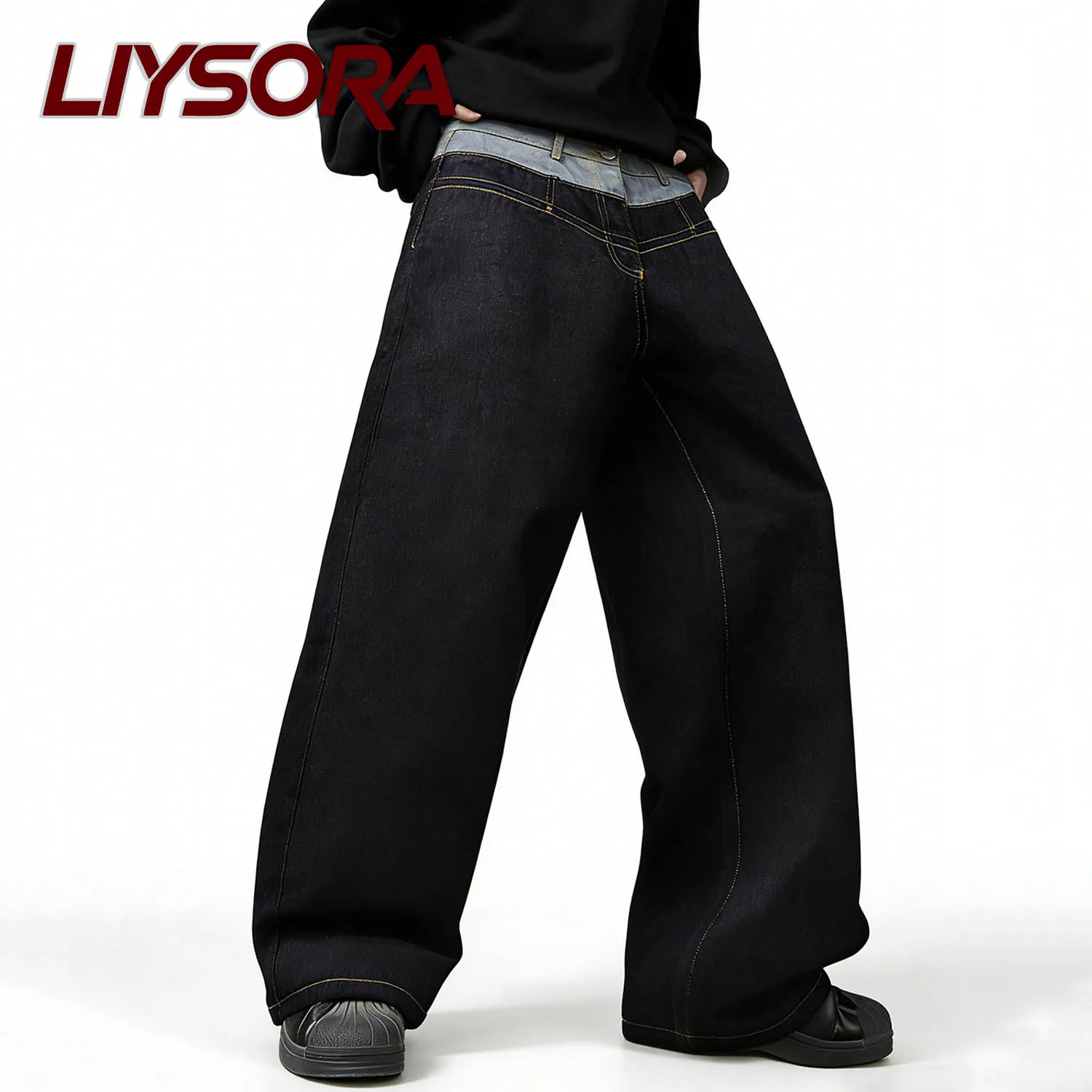 جينز رجالي أسود بتصميم عتيق بخصر مزدوج فضفاض وواسع الساق بتصميم الشارع من قماش الدنيم ملابس جينز فضفاضة واسعة الساق للجنسين #4