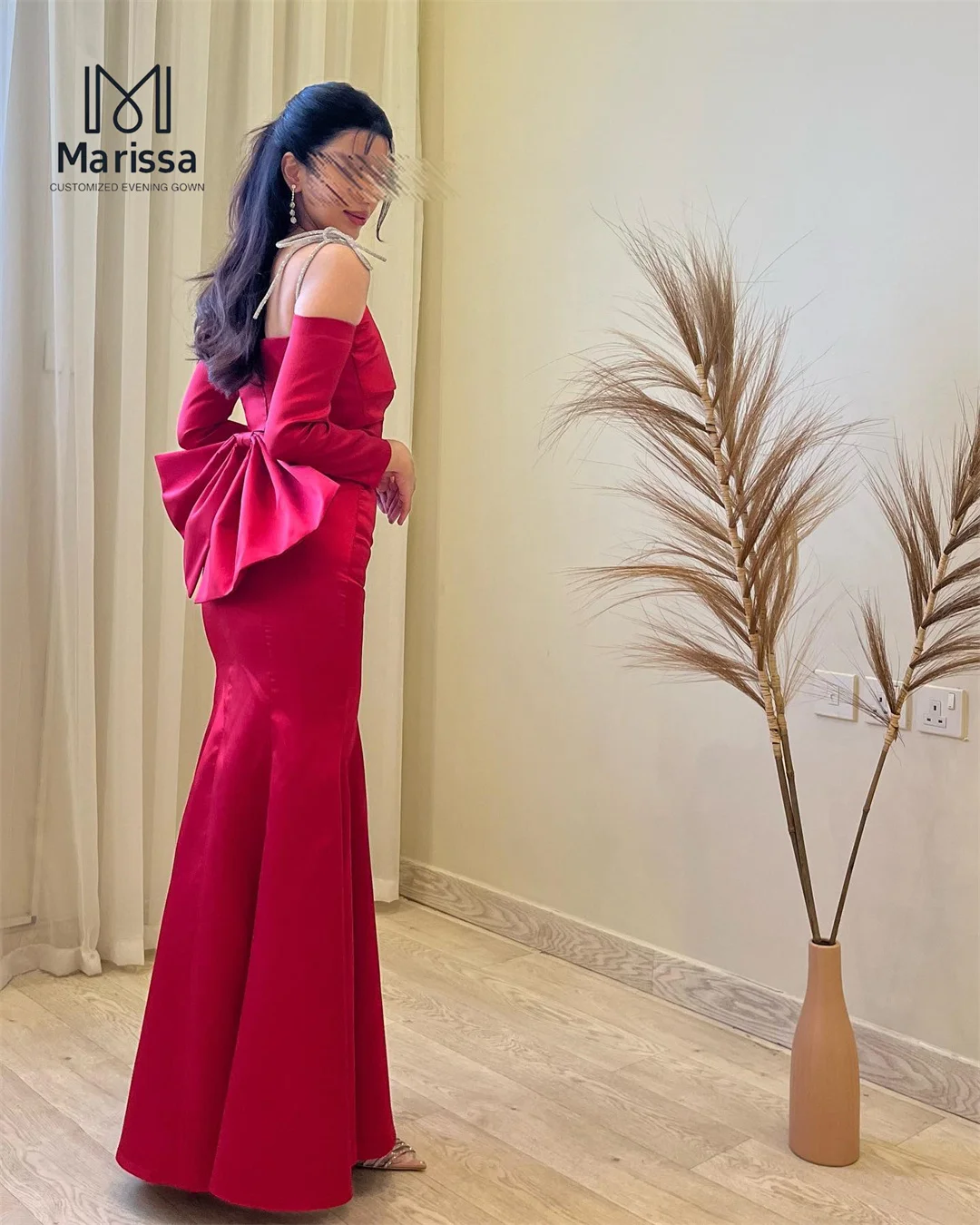 Marissa Fishtail Lotus Rok Dames Avondjurk Vrouw Dames Galajurk 2025, op maat gemaakte rode satijnen strik Off-shoulder baljurken