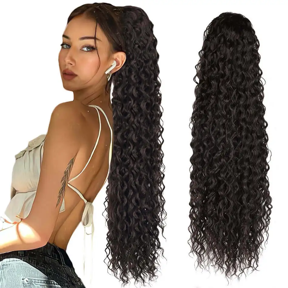 Ponytail Sintético com Cordão, Longo e Cacheado, 32 Polegadas, Extensão de Cabelo Orgânico com Clip, Preto, YAKIBEAUTY