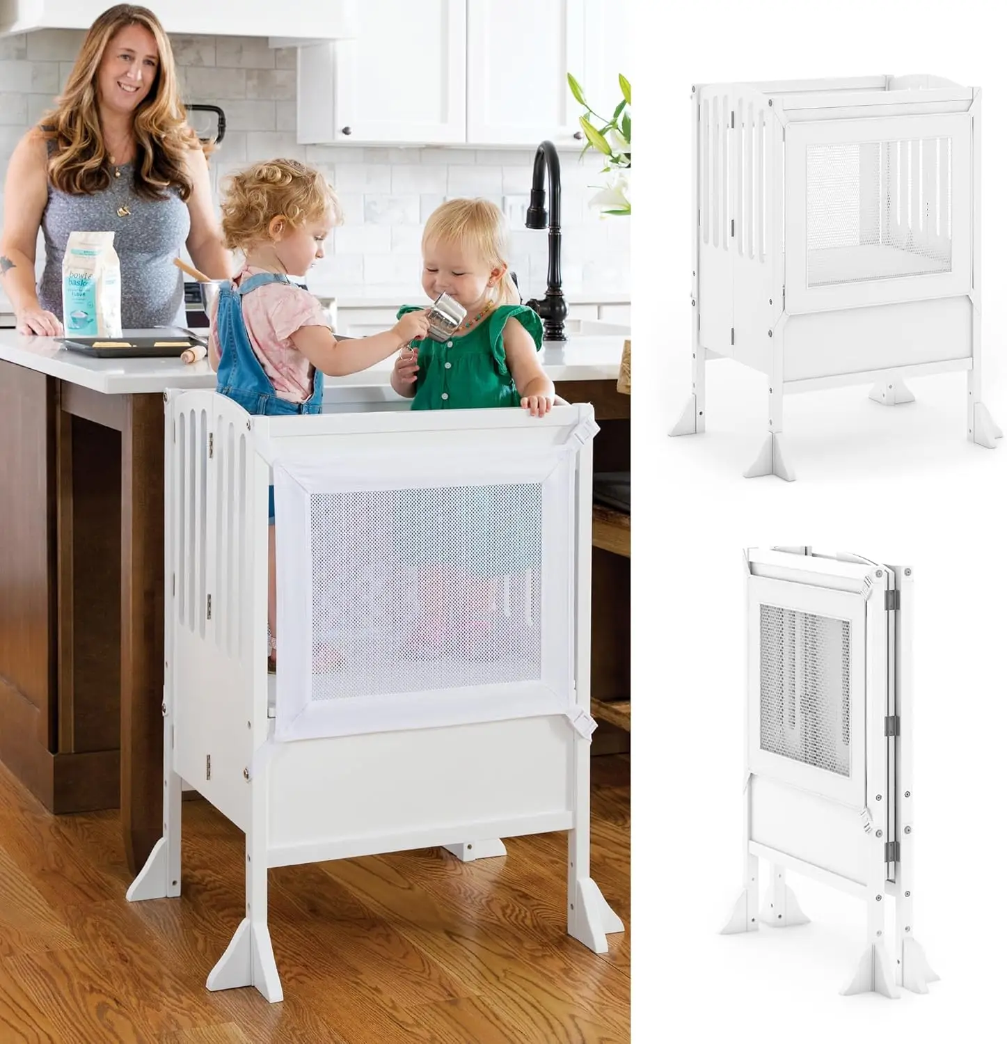 

Contemporary Double Kitchen Helper® Stool - White: Extra-Wide Foldable Safety Tower for Two Toddlers; Adjustable Heig