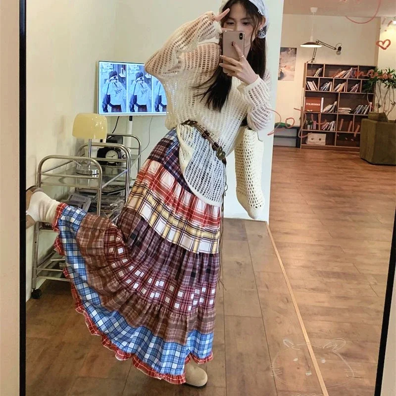 England Style Boho Plaid Patchwork Y2k Skirt 2024 Summer Vintage Niche High Waist Long Skirts Woman Beach Korean Fashion