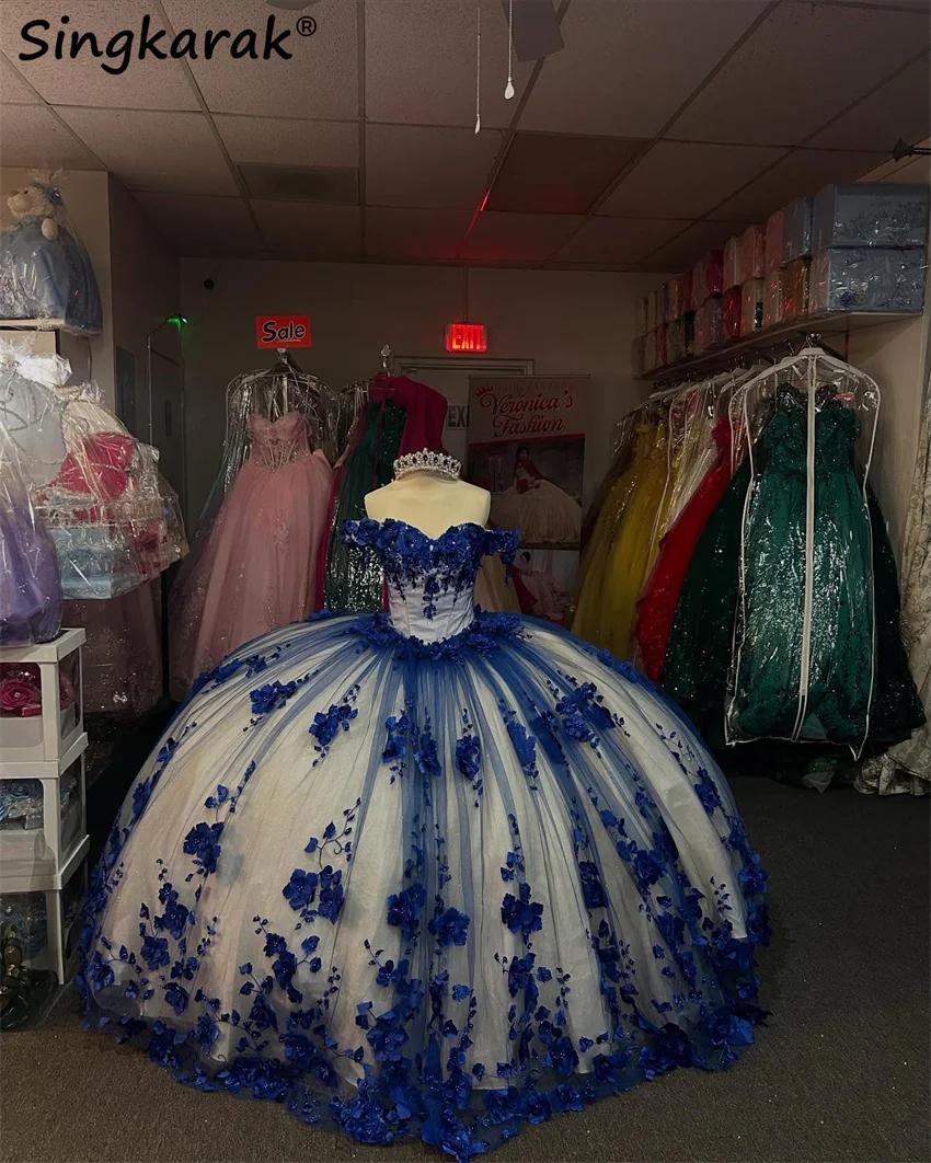 

Blue 3D Flowers Quinceanera Dress Bead Crystal Ball Gown Sweet 16 Birthday Party Dress Vestidos De 15 Años Customize