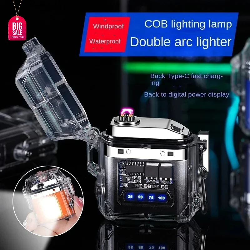 

IP56 Waterproof Transparent Shell Double Arc USB Electronic Lighter Type-C Fast Charge COB Lighting Plasma Lighter Smoking Gifts