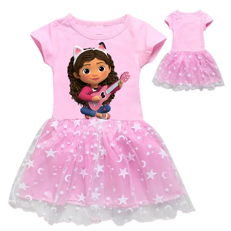 SN88 Gabby Doolhouse Clothes for Baby Girls Summer Short Sleeve Dresses Kids Cartoon Gabby Cats Dress Children Lace Princes*#2@5