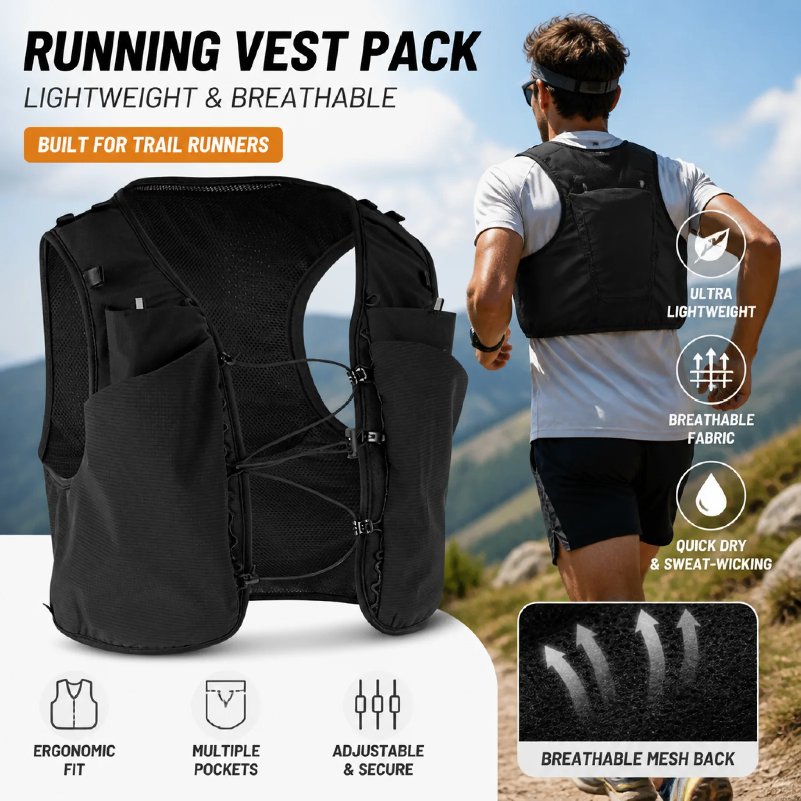 Running Gear Autumn - Lichtgewicht hardloopvest, uitzonderlijk dun, lichtgewicht trailvest,