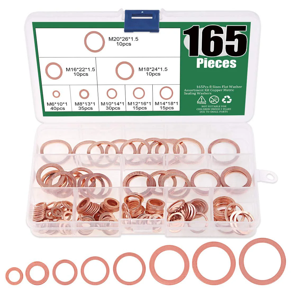 

200pcs Flat Copper Washers Set M6/M8/M10/M12/M14-M20, Copper ring Washer Gasket Sealing spacer Assortment Kit for drain oil plug