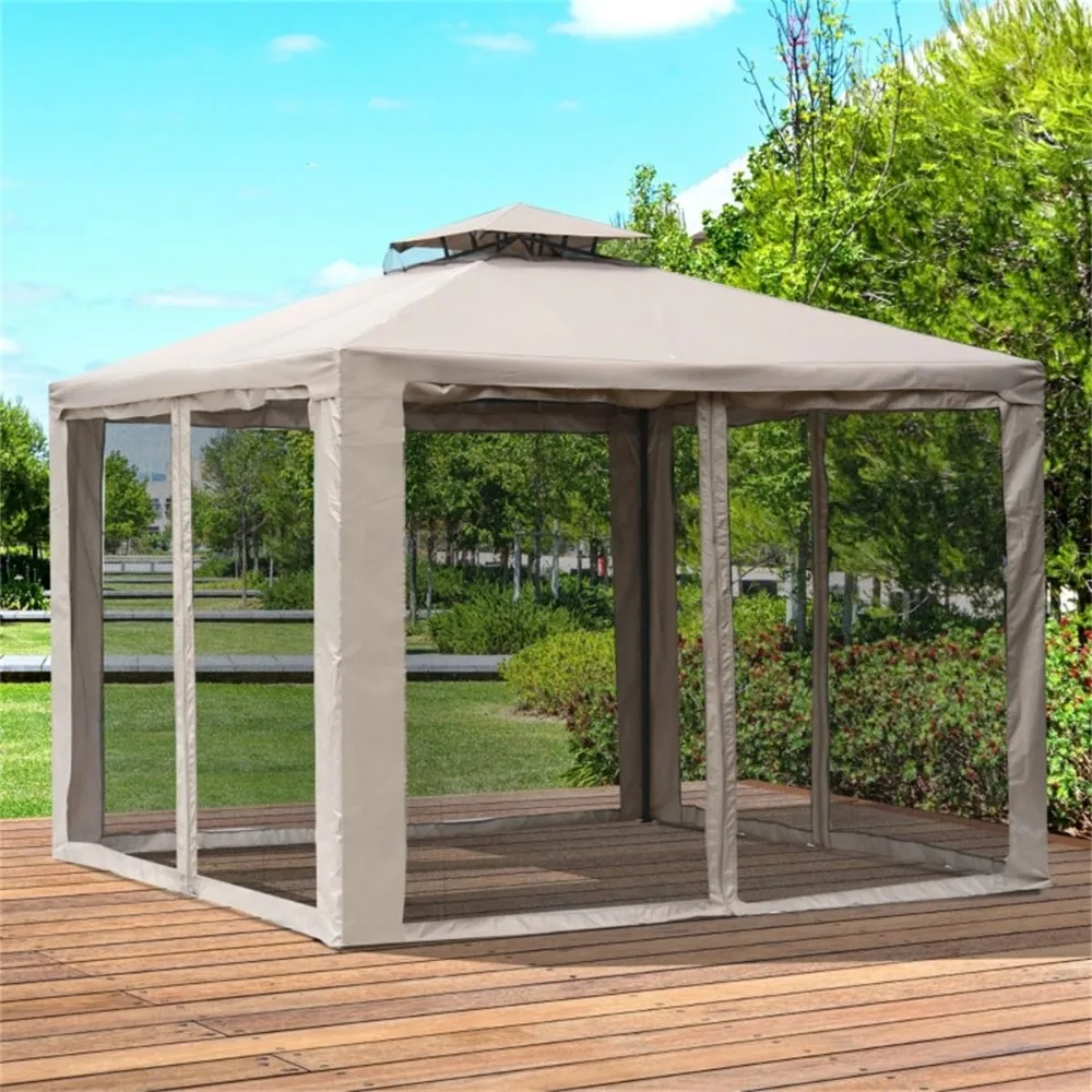9.6x9.6 FT Gazebo with Netting & Steel Frame, Soft Top Double Roof Canopy for Patio, Deck, Backyard, Custom