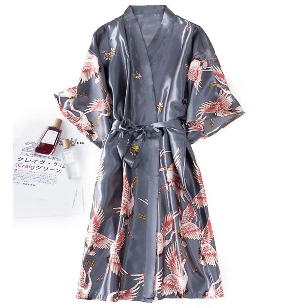 Women Bathrobe Ice Silk Bird Print Satin Lace-up V Neck Pajamas Loose Cardigan Nightgown Bride Morning Dressing Gown Sleepwear