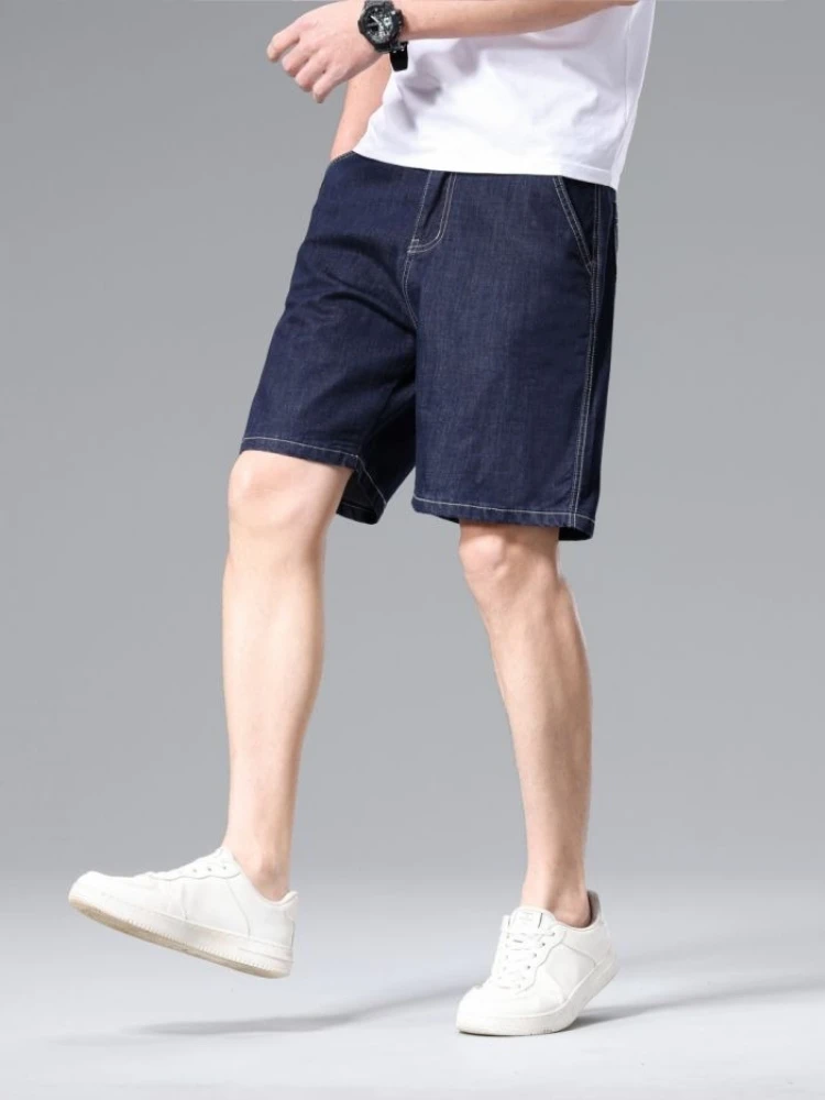 Men's Denim Shorts Summer Thin Loose Straight 5 Pocket Stretch Cotton Casual Moto Pants Knee Length