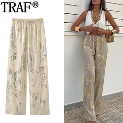 TRAF 2024 Metal Print Pants For Women Y2K Fashion Baggy Pants Woman Autumn Tied Straight Woman Trousers Streetwear Women's Pants