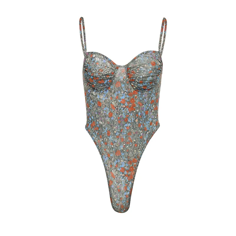 DSMTRC-Bodysuit de malha estampado floral feminino, cinta de espaguete, bodycon sexy sem costas, roupas magras, Summer Party Club, mais novo, 1 pc