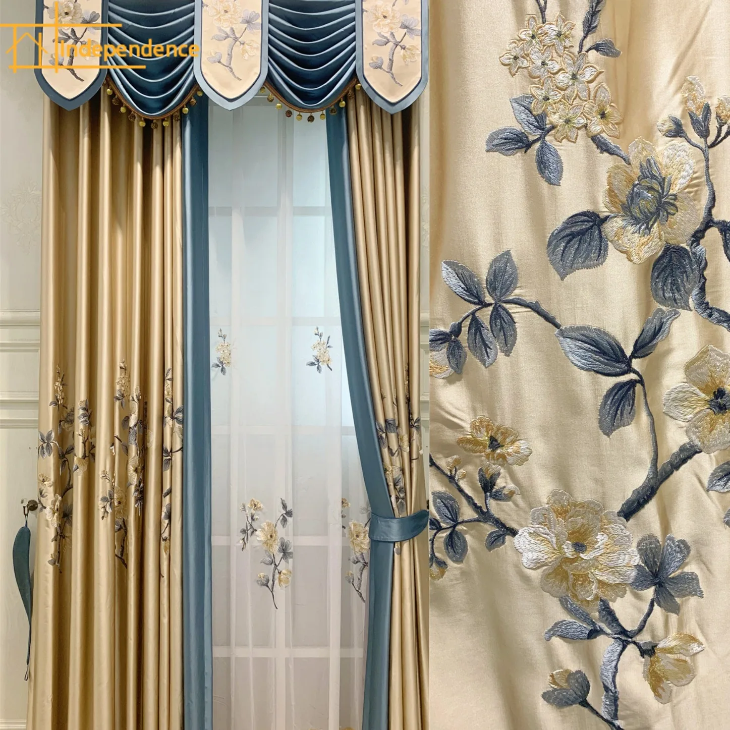 Estilo chinês Ouro Azul Tela da Janela Bordada, emenda Espessado Cortinas para Sala Quarto Francês Varanda e Novo