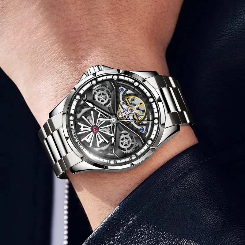 Stainless Steel New Full Skeleton Luminous Waterproof Tourbillon Self-Wind Automatic Mechanical Watch for Men