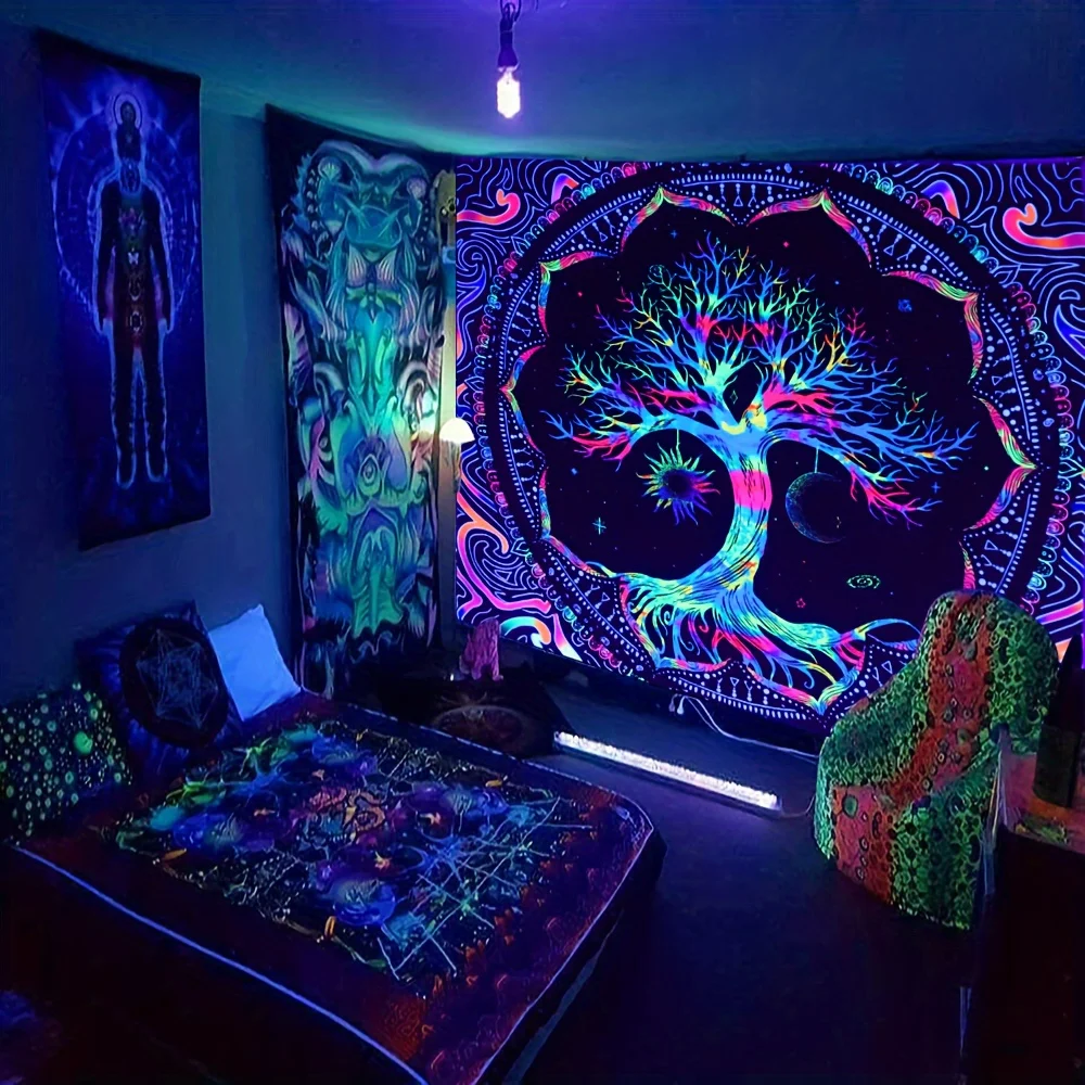 1Pcs 75x58cm Tree of Life Tapestry BlackLight Sun Moon Stars Galaxy Colorful Hippie Psychedelic Bedroom Dorm Decor Aesthetic