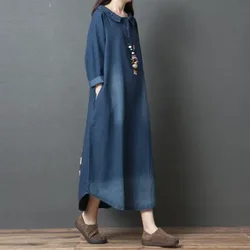 Women Dresses Long Sleeve Turn Down Collar Solid Denim Dress Button Pockets Streetwear Winter Slight Strech Ankle Length