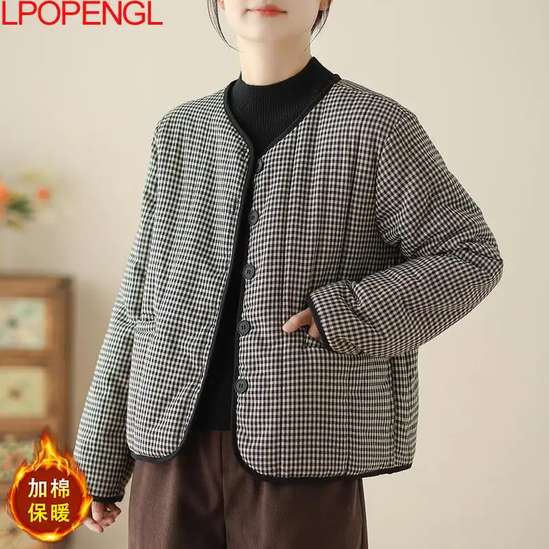 Ethnic Style Women's  Literary Retro Plaid Cotton Jacket Winter Loose Casual Padded Thick Warm Long Sleeves Single Breasted Coat