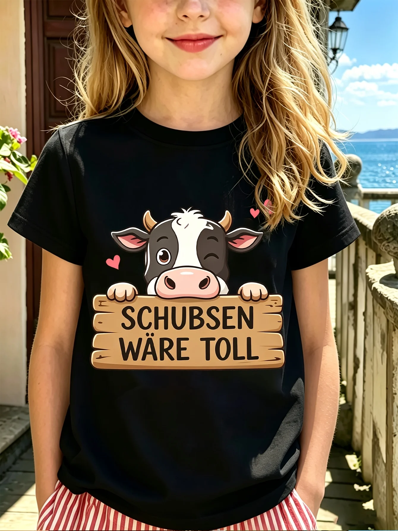 Family Matching T Shirt Cartoon Cow Schubsen Wäre Toll Text Graphic Print Short Sleeve Cotton Tee For Boys Girls Kids Daily Wear