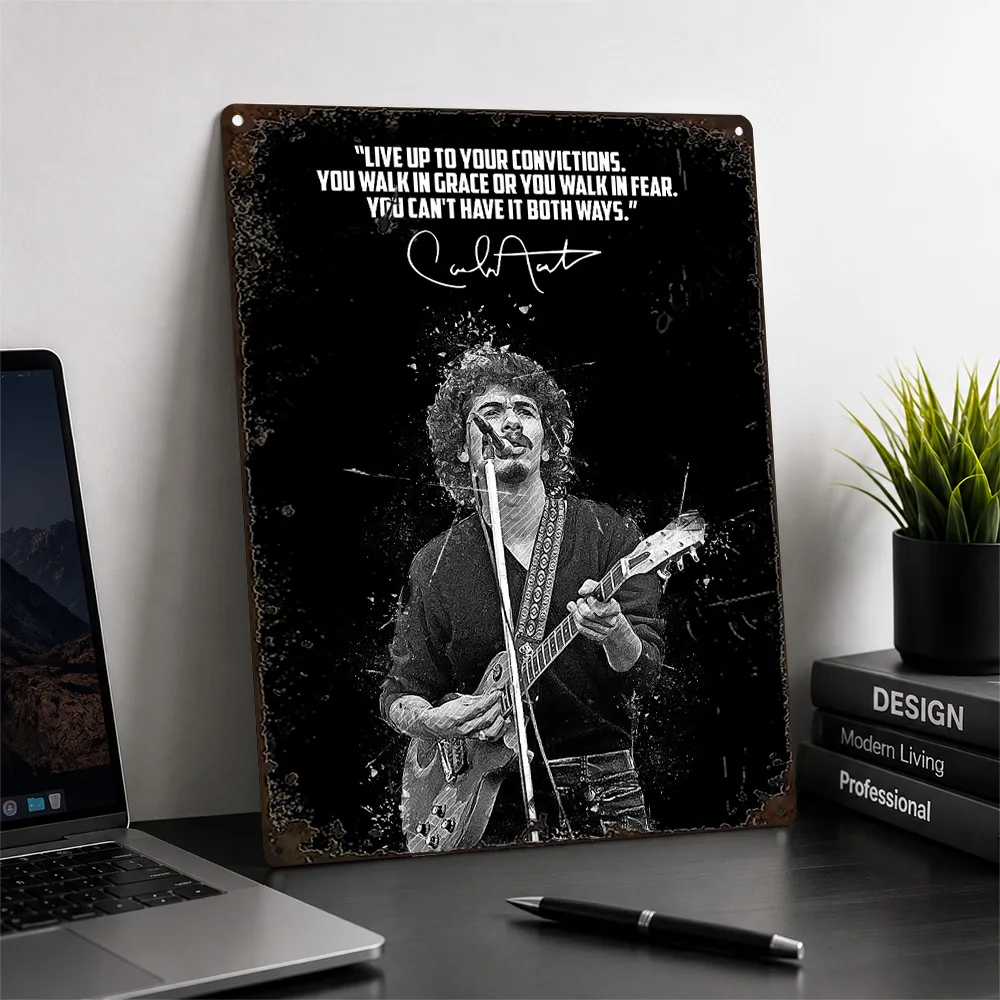 Carlos Santana Guitarist Quote Portrait Textured Metal Poster Monochrome Wall Art For Bedroom Customized Aluminum Sign Fan Gift