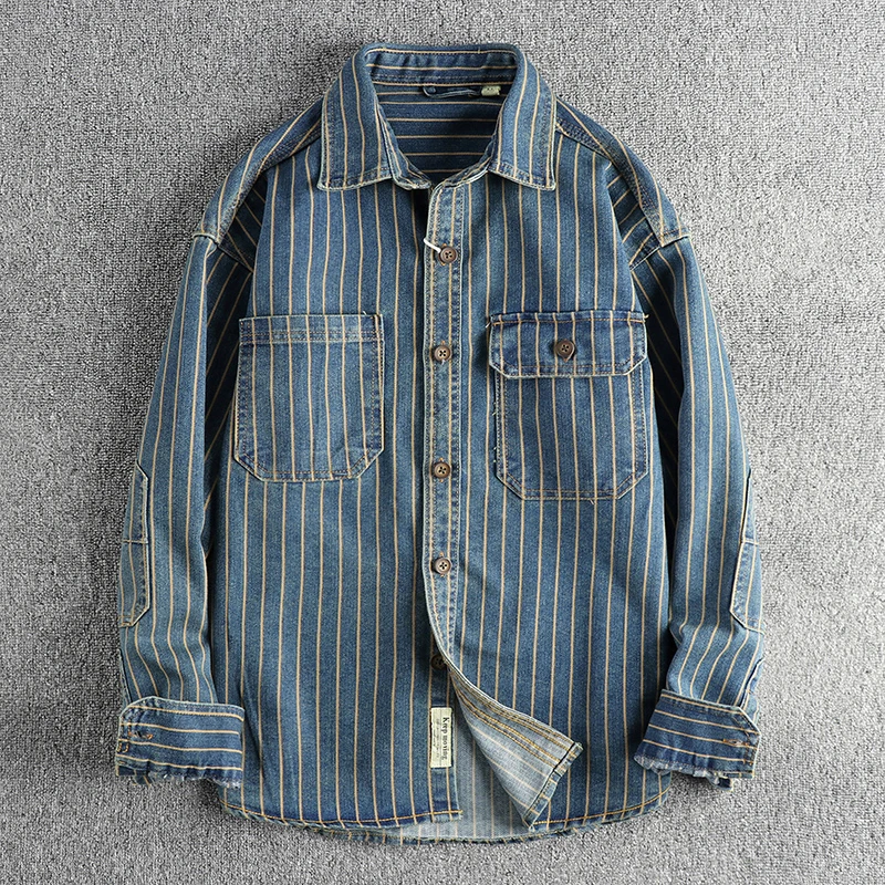 Spring New American Retro Heavyweight Denim Cargo Striped Shirt Men\'s Fashion 100% Cotton Washed Old Casual Blouses Thin Jacket