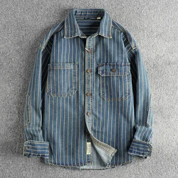 Spring New American Retro Heavyweight Denim Cargo Striped Shirt Men's Fashion 100% Cotton Washed Old Casual Blouses Thin Jacket