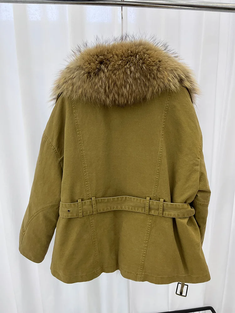 เสื้อแจ็คเก็ตพาร์กาสำหรับผู้หญิงฤดูหนาวสุดหรู บุขนเป็ดแท้ คอปกขนสุนัขจิ้งจอกและแรคคูน  เสื้อโค้ทเดนิมหนาสำหรับผู้หญิง