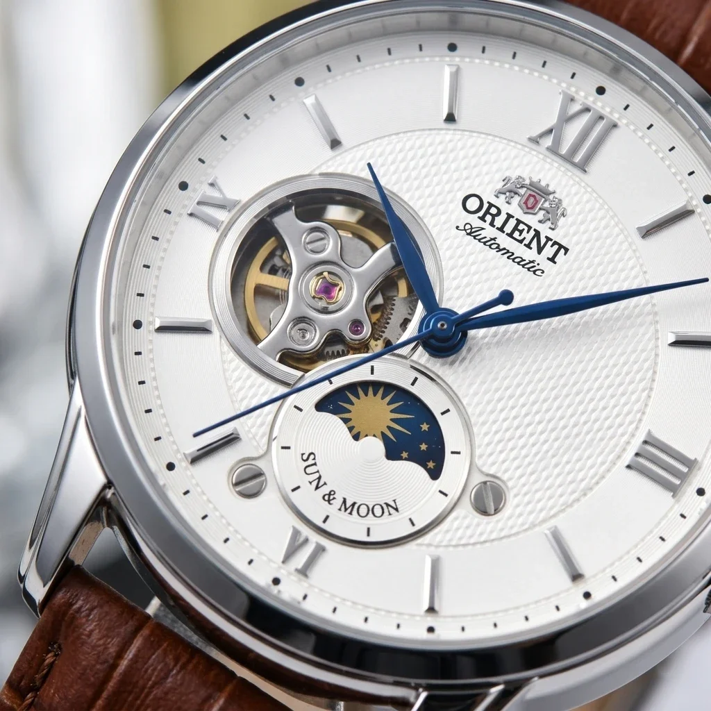 Automatic Men Mechanical Oriental Watch Sun Moon Phase Skeleton Dial Crocodile Grain Leather Strap Business Gentleman Wristwatch