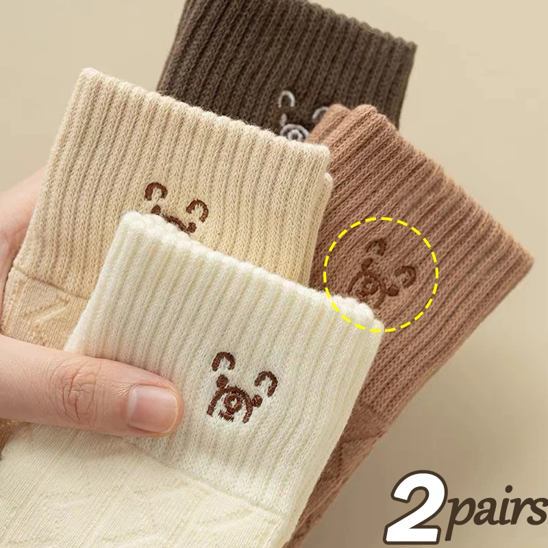 

1/2pairs Winter Warm Thick Plush Socks Women Solid Color Cartoon Bear Embroidery Long Sox Soft Wool Floor Sleeping Snow Stocking