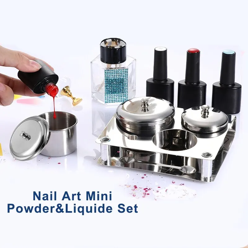 ถ้วยผงคริสตัลเหลวฝาปิดภาชนะบรรจุผงเล็บถ้วยสแตนเลสสำหรับทำเล็บเครื่องมือทำเล็บ3ชิ้น