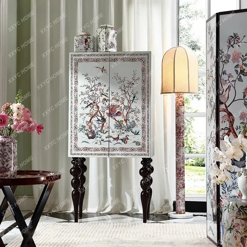 A Solid Wood Chest Medieval Multi-purpose  Retro High-footed Cabinet Living Room Flower And Bird Entrance Cabinet