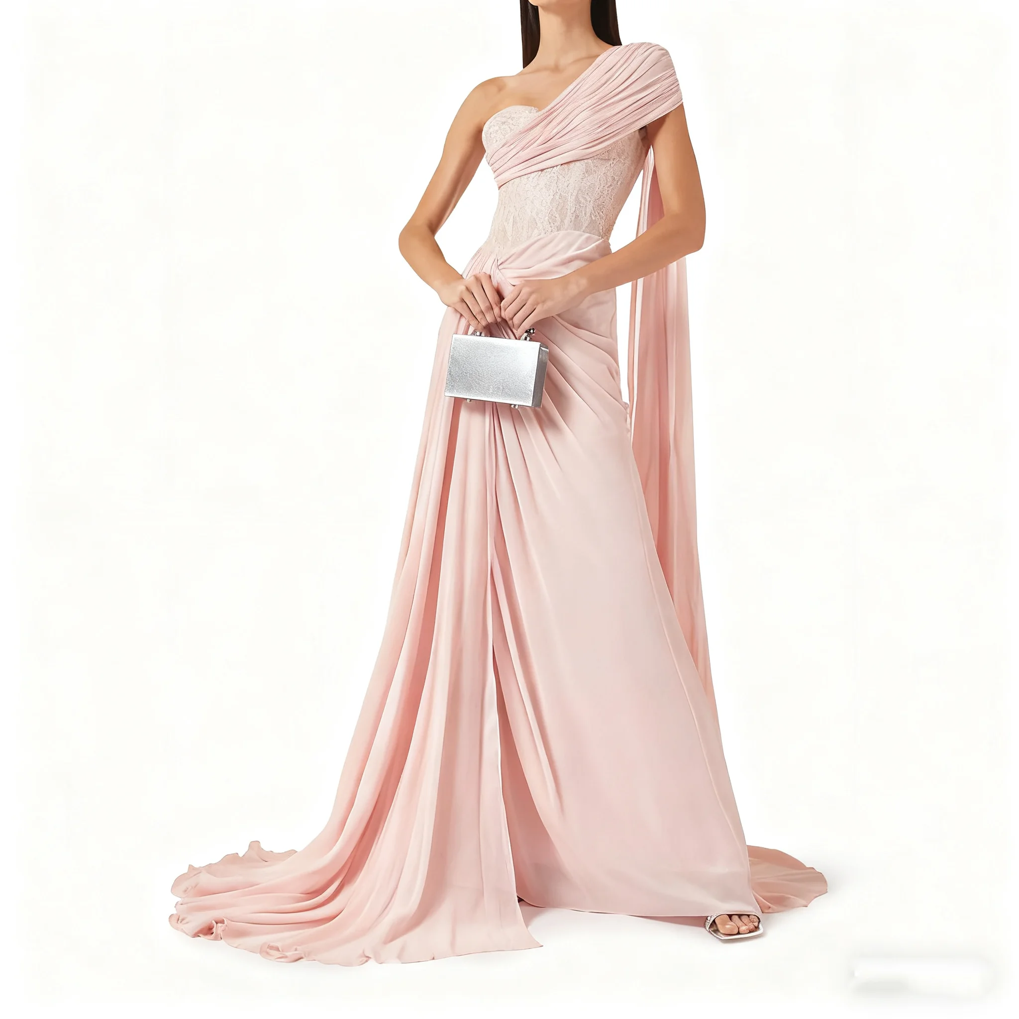 

Customized One Shoulder Neckline Long Cloak A-Line Prom Dress Elegant Zipper Back Floor Length Sweep Train Gown For Women