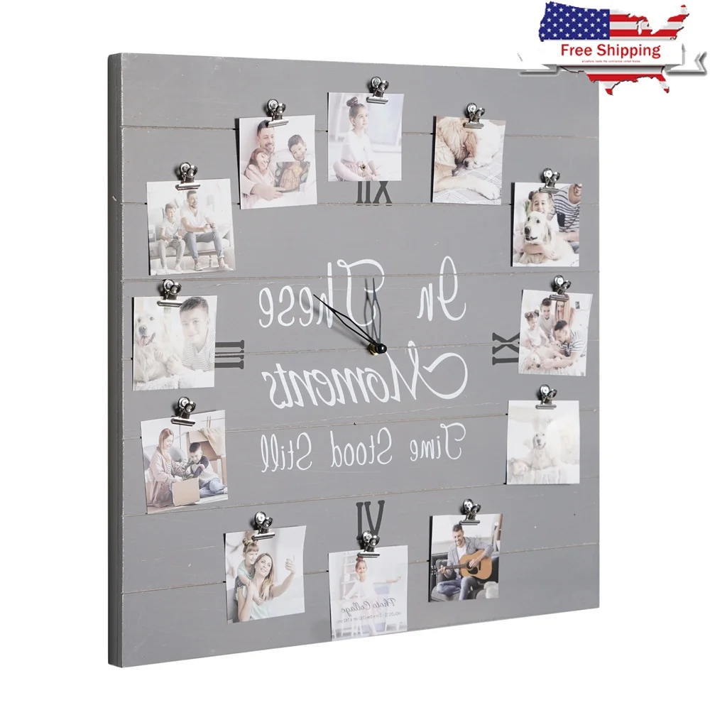 

Farmhouse Photo Collage Clock Frame Holds 12 Images Unique Wall Decor Functional Timepiece Memorable Gift Idea