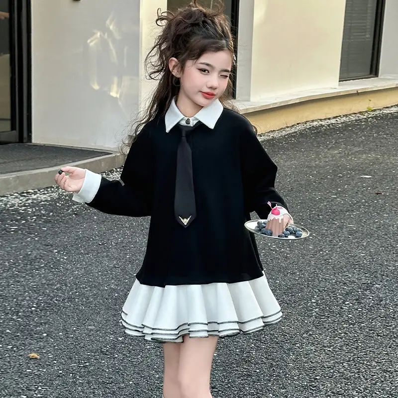 2026 spring Girls Autumn Clothes retro JK teens patchwork uniform Child Princess party Dress sailor collar bow 4 8 9 10 12 year