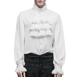 White Cotton & Lace Ruffles Stand Collar Gothic Shirt Men Vampire Pirate Cosplay Clothes Anime Halloween Victorian Medieval Top