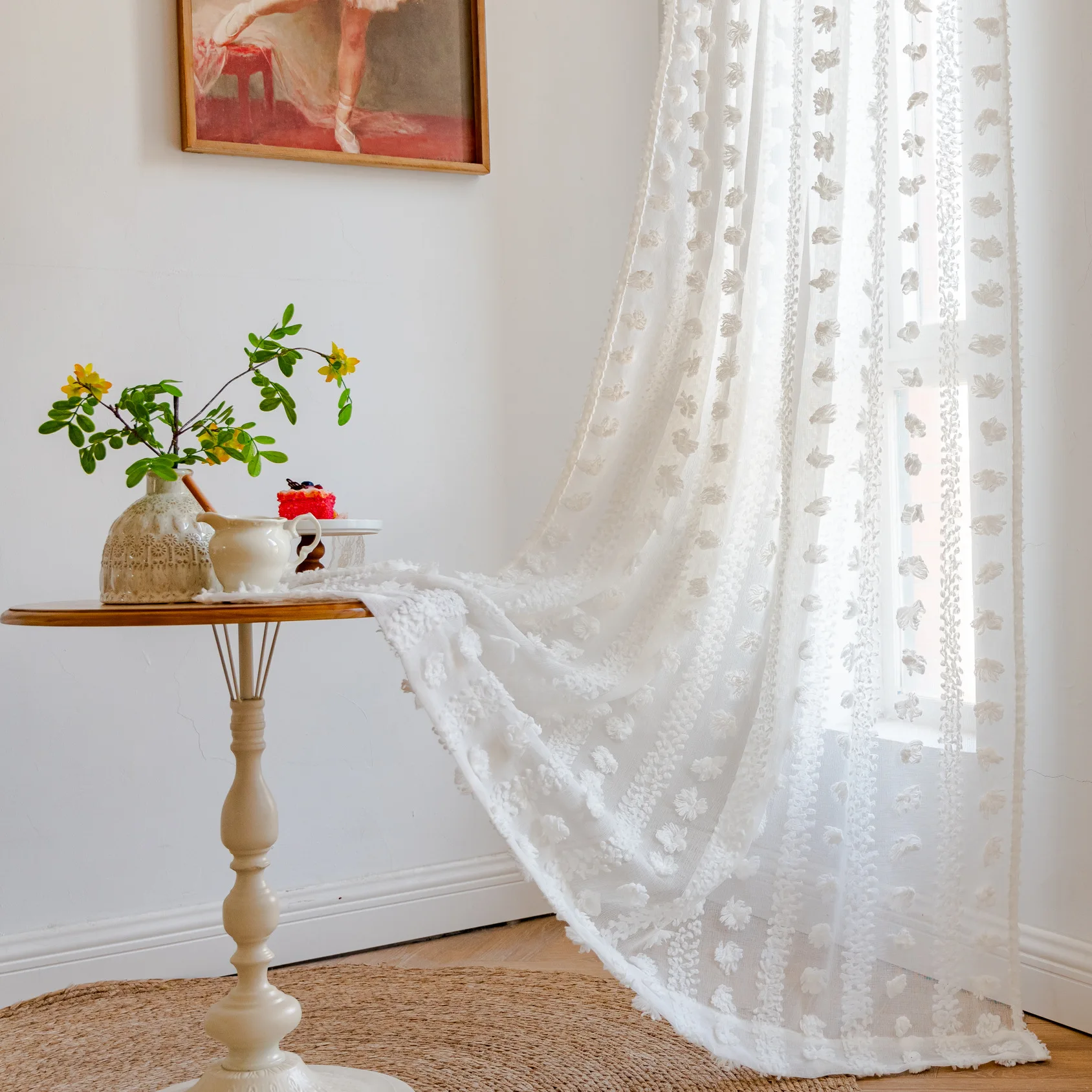 

Sheer Curtains for Living Room, Boho Pom Pom Sheer Curtains Country Farmhouse Shabby Chic Semi Sheer Window Drapes for Bedroom