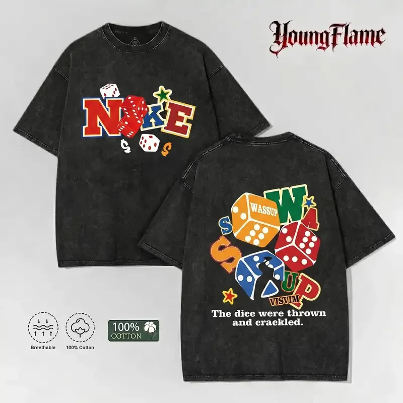 Men's Retro Lucky Dice Gamble Graphic Top - Vintage Board Game Streetwear Heavyweight Acid Wash Short-Sleeve Tshirt - 2026 Loose-Fit Casual Menswear Fathers Day Gift All-season Tee
