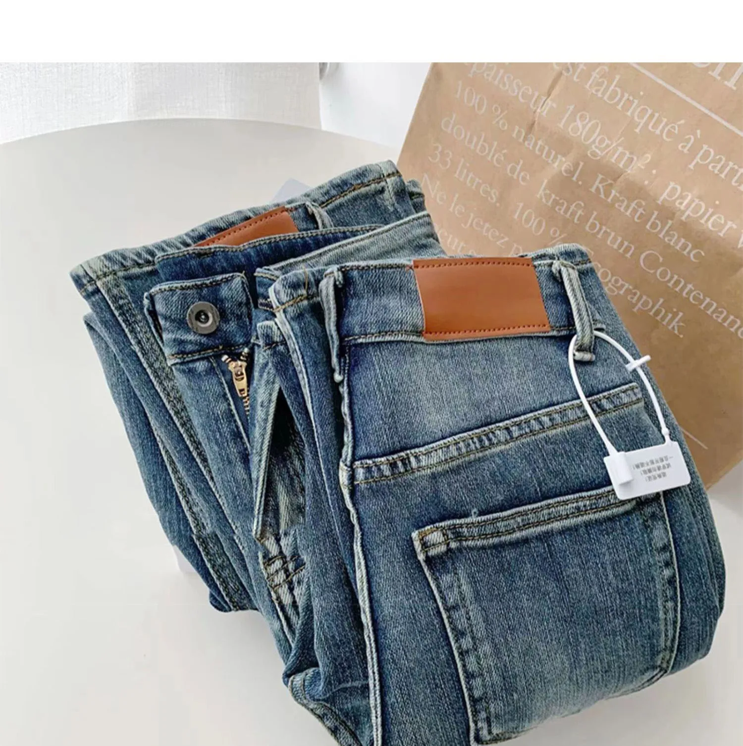 Frauen Hohe Taille Flare Jeans Einfache Stickerei Druck Lange Denim Hosen S-3XL Tiefblau Denim Hosen Weibliche Freizeit Outfit Hosen