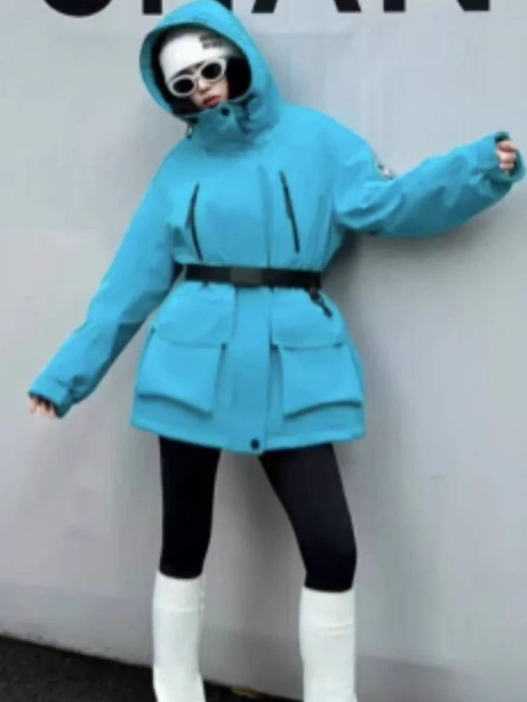 벨트가있는 패션 후드 패딩 자켓 여성 풀 슬리브 다운 코트 2025 가을 겨울 레이디 Thickend 따뜻한 스키 자켓