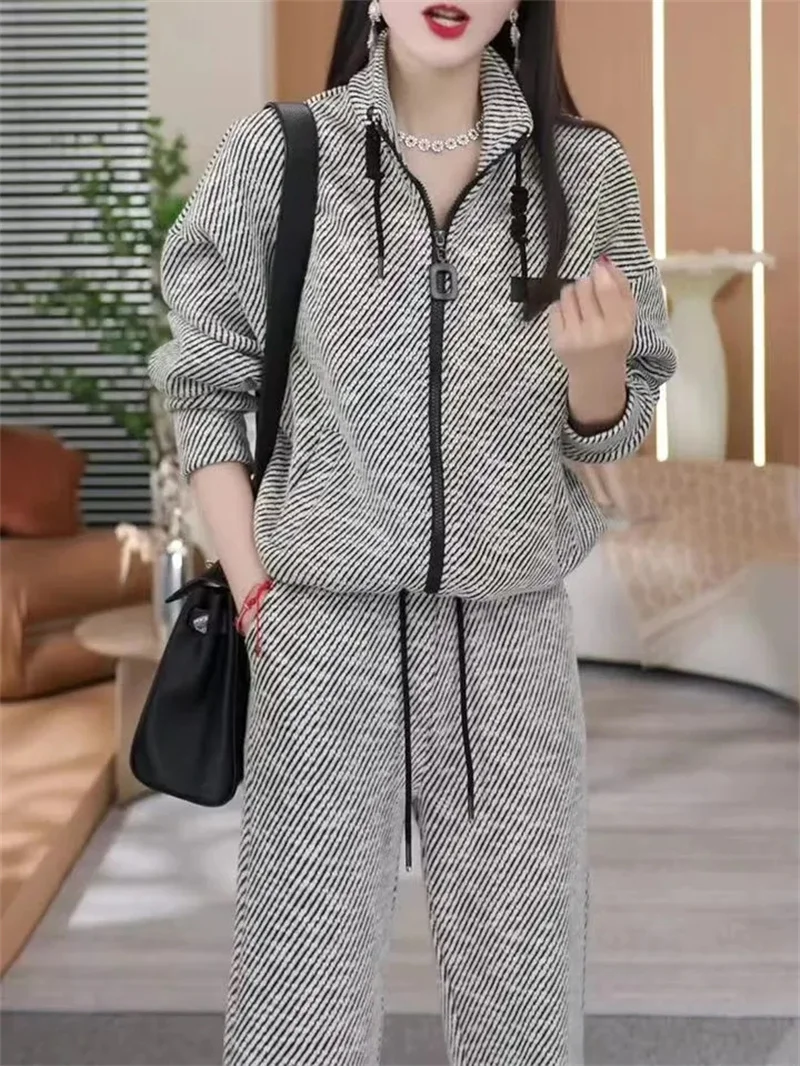 Fashion Casual Striped Suit For Women 2024 Spring Autumn New Style Loose And Slimming Cardigan Top Wide Leg Pants Two-piece Set