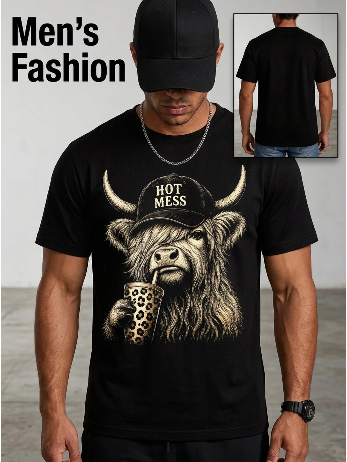 [Funny Highland Cow T-Shirt] Men' And Women'S Funny Highland Cow Coffee T-Shirt - Scottish Cow Print Graphic Tee Suitable for Coffee Lovers, Casual Round Neck Shirt Casual Attire, Washable Apparel, Year-Round Outfits