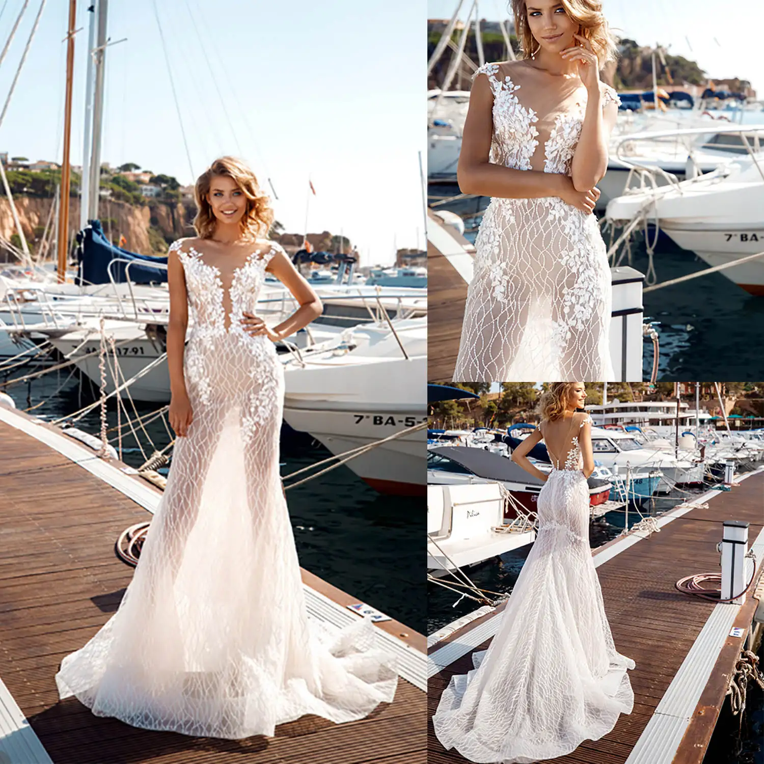 Abito da sposa sexy senza maniche 2024 Applicazioni in pizzo Una linea Abiti da sposa Abito da sposa Sweep Train Vestido De Noiva Personalizzato