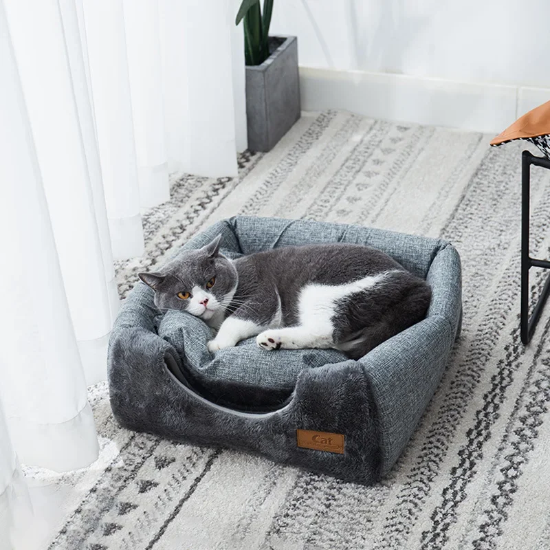 Semi-enclosed Cat Bed Non-slip Pet Kennel Gray Kitten House Indoor Sleeping Cats Cave Bed Plush Foldable Small Dogs Tent Stuff