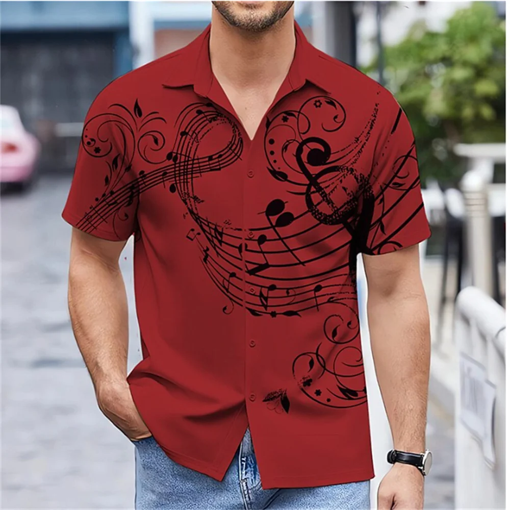 

New 2023 Summer Men's Shirt Music Note Print Solid Color Shirt Outdoor Street Button Short Sleeve Fashion Designer Casual Soft