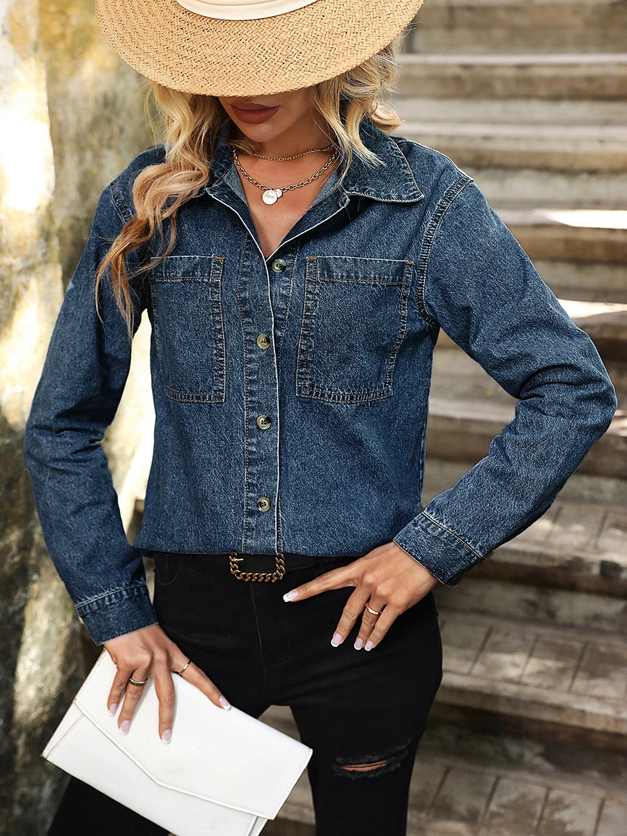 Women Denim Shirt Jacket Raw Hem Lightweight Casual Button Long Sleeves Fall Cardigan for Outwear Streetwear