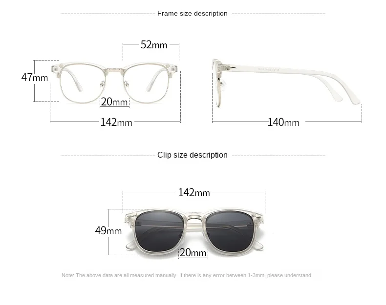 VCKA 6-in-1 Myopie-Polarisierte Sonnenbrille, transparenter grauer Rahmen, für Männer und Frauen, Clip-Magnetbrille, individuelle optische Brille, -0,5 bis -10 – Detail 6