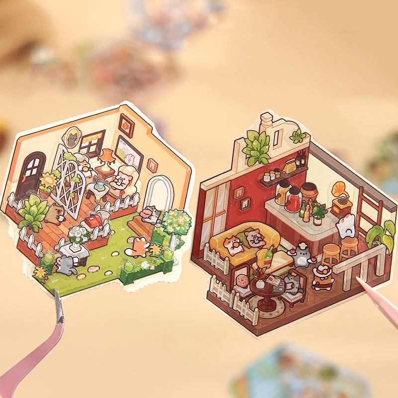 1Set Fashion Mini Landscape Sticker Colorful Hand Account Material Stickers Creative Cute DIY Cabin Scene Stickers Kids Gifts