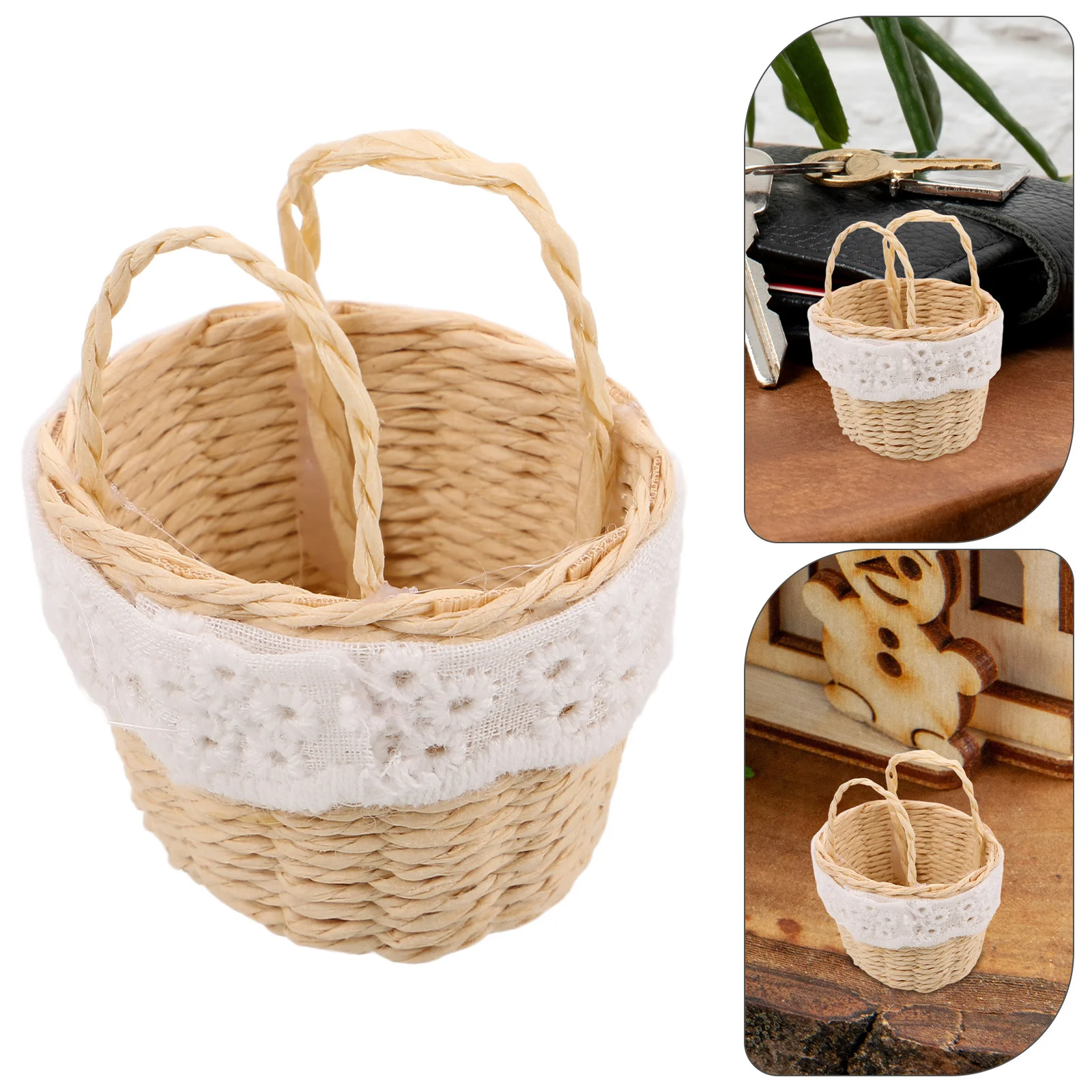 

Miniature Dollhouse Basket Handwoven Cute Imitation Rattan Tote for Play Scenes Micro Landscaping Craft Supplies